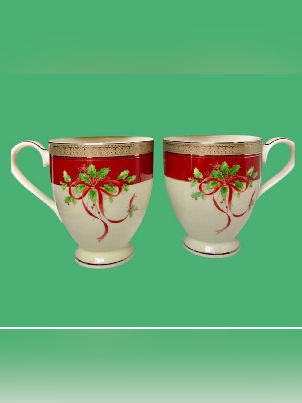 Mikasa Palatial Holly Mug Coffee Tea Cup Holly and Red Ribbon set 2 Christmas